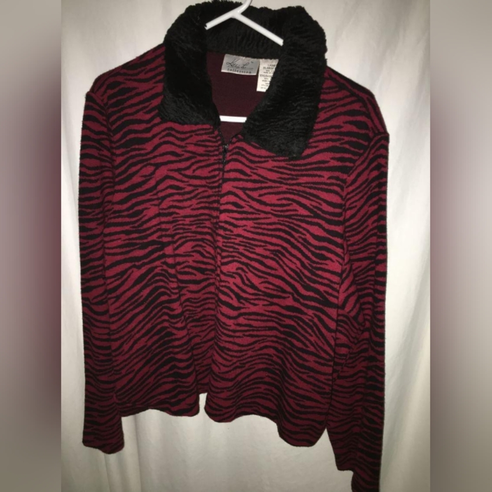 Kathie Lee Collection Red-burgundy acrylic 100% black faux fur cardigan size XL